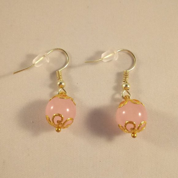 Natural 10mm Pink Jade Gemstone Bead Dangle Earrings AAA Yellow Gold Party Gift - Picture 2 of 2